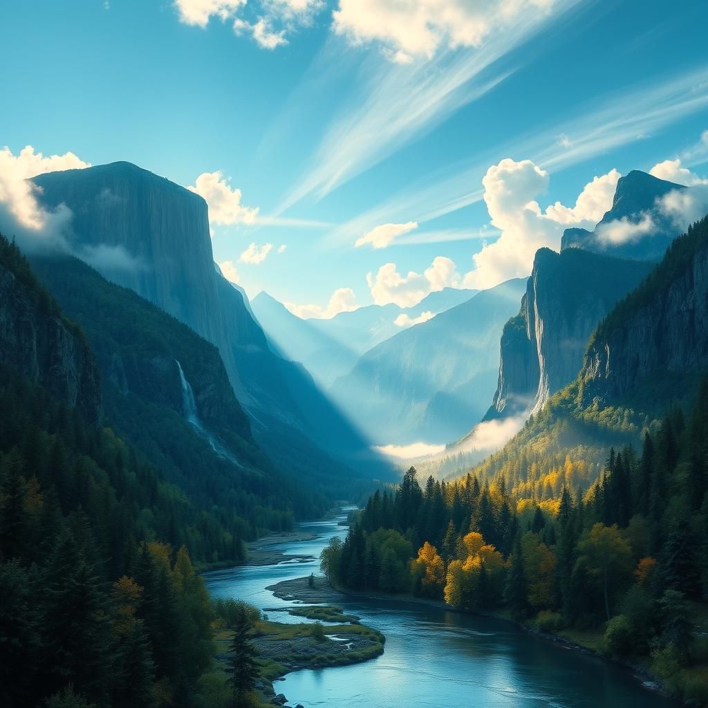 Valley Vista: Mountains, Rivers, and Sunrise