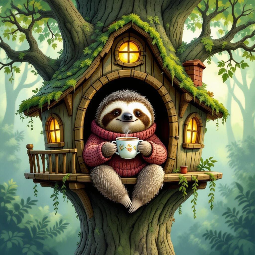Cozy Sloth Enjoys Tea in Magical Treehouse