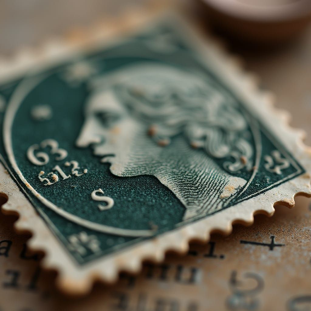 Macro lens, macro photography of an old vintage stamp..