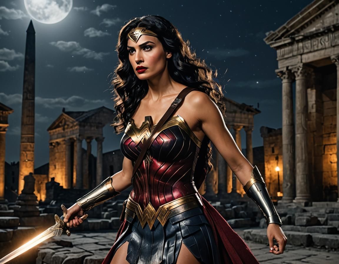 Wonder Woman in Ancient Rome at Night