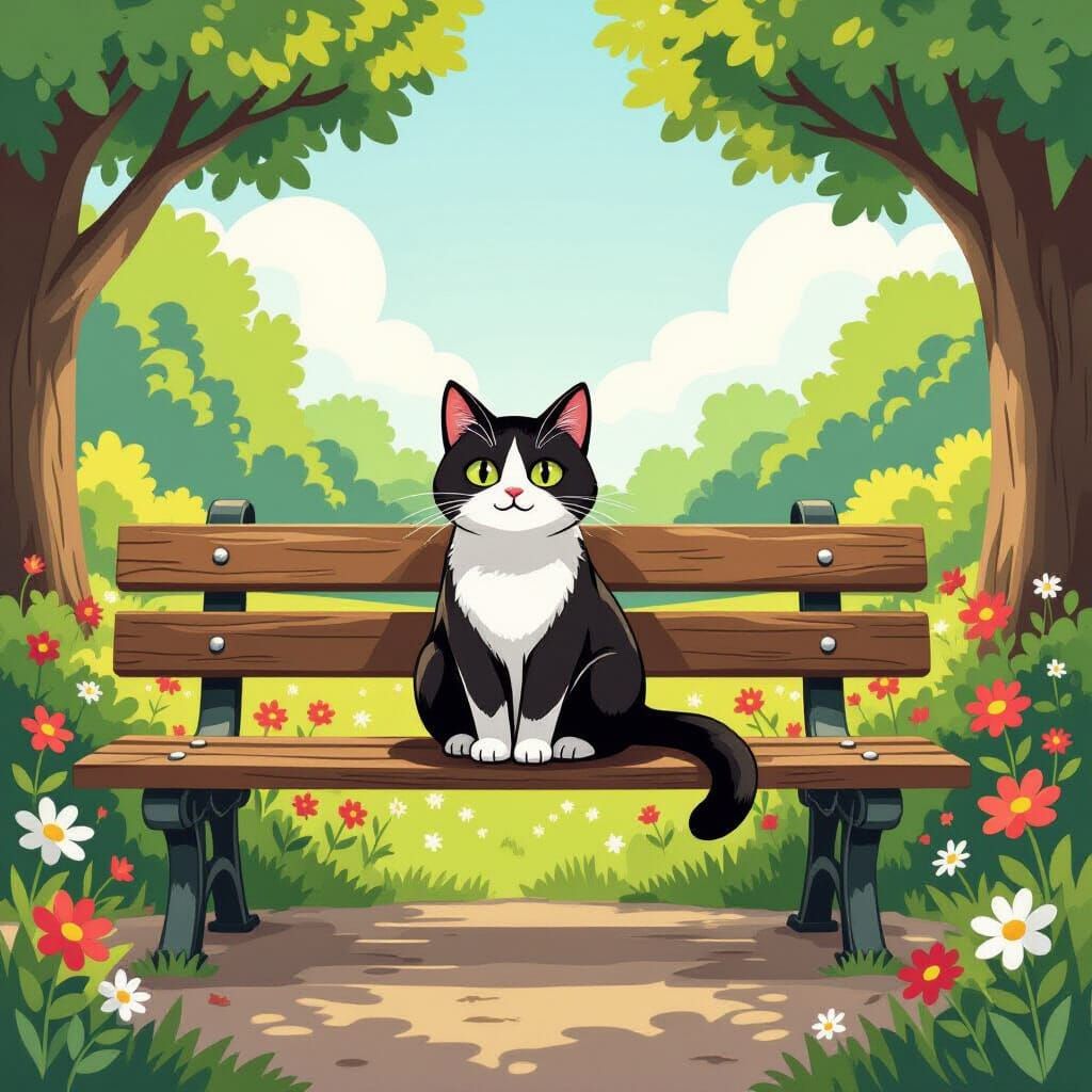 Whimsical Cat on Park Bench in Summer Style