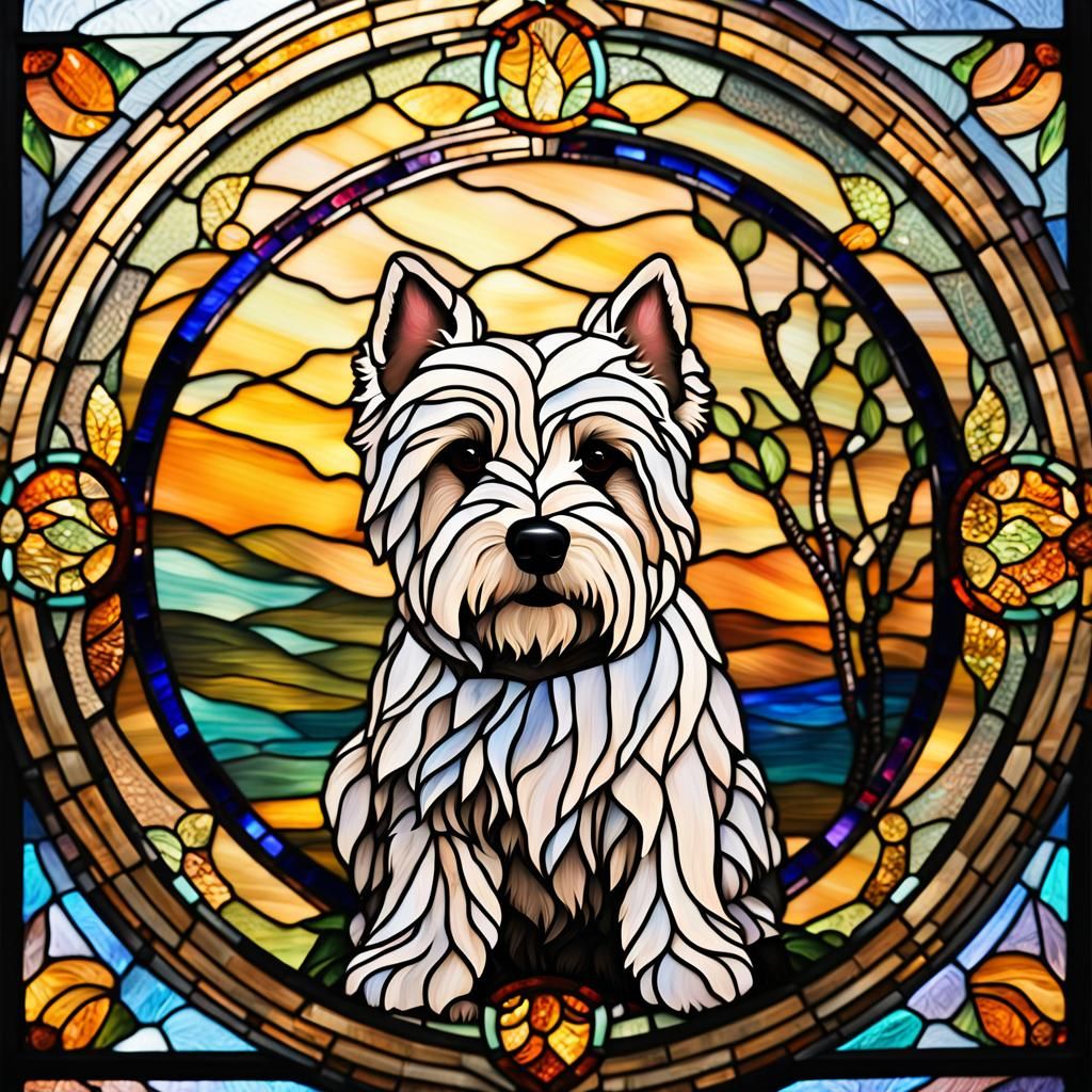 Stained Glass Westie in Art Nouveau Style