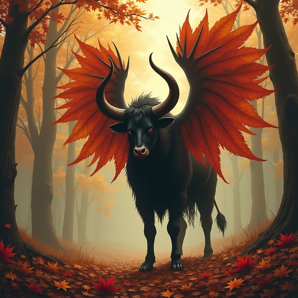 Winged Minotaur in Autumnal Macabre Landscape