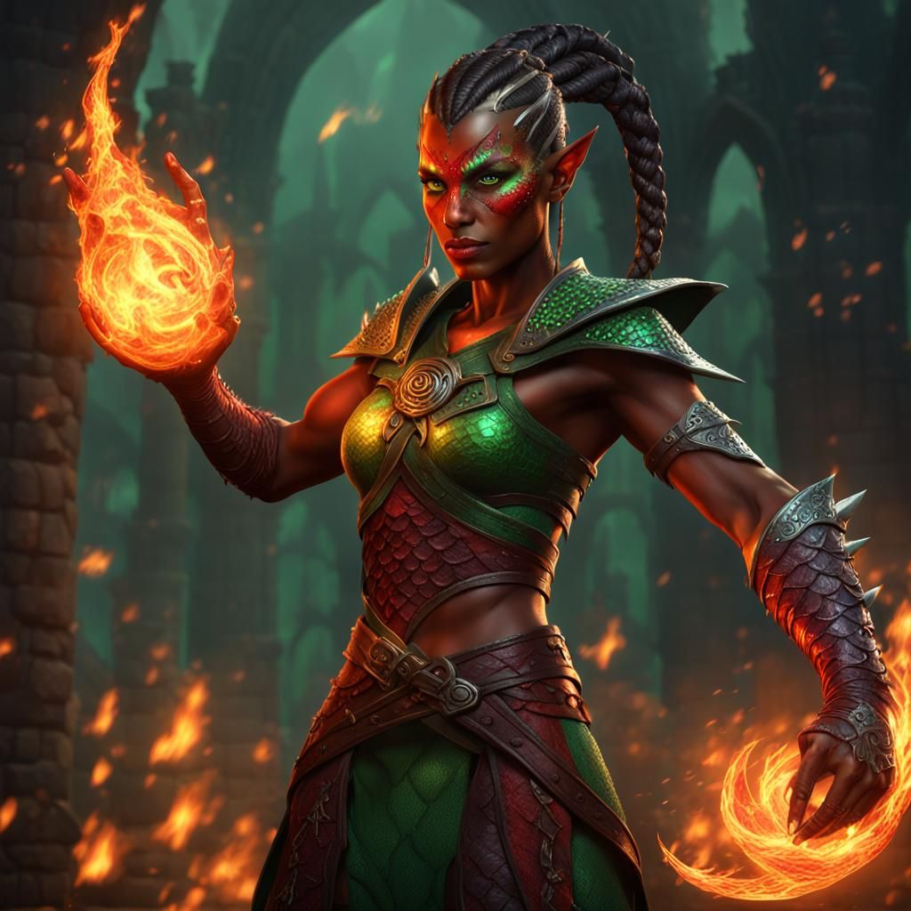 Draconic Fire Sorceress Elf in Dark Fantasy Style