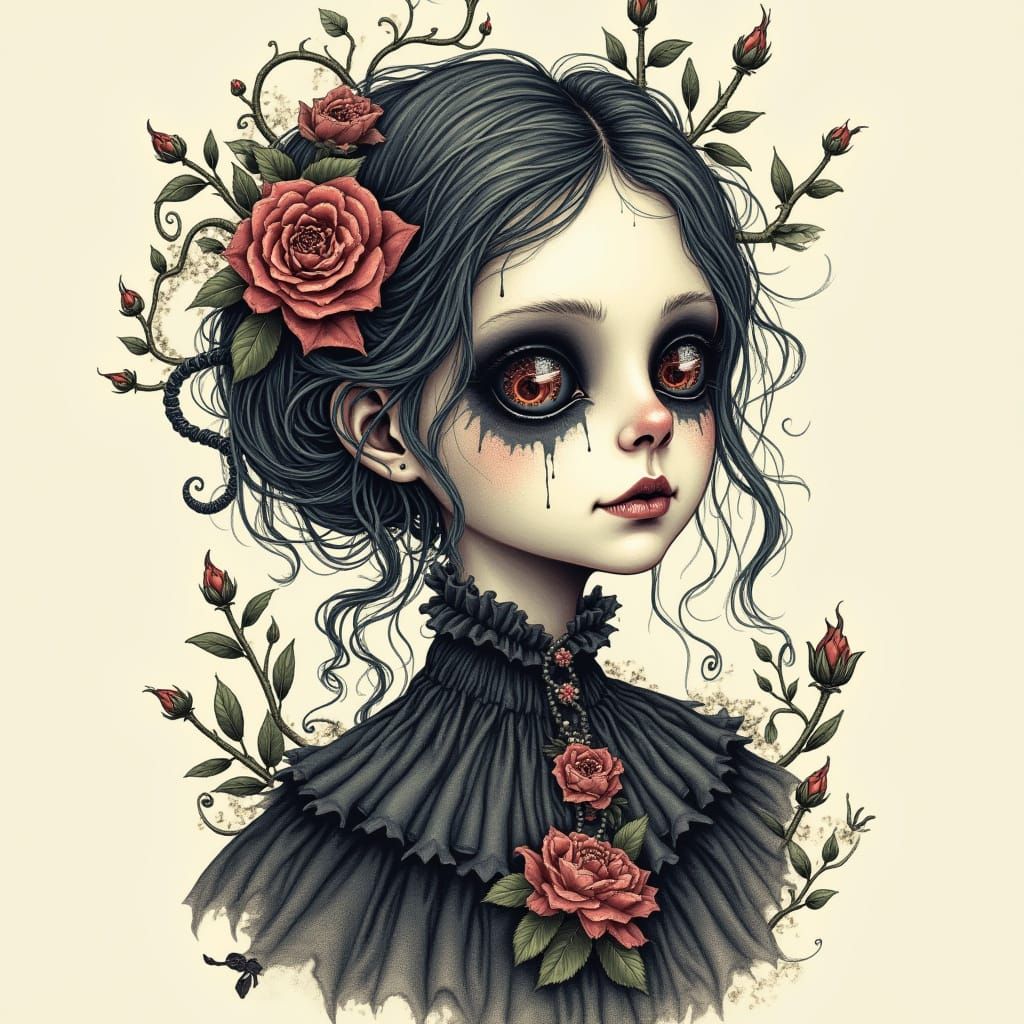Ethereal Gothic Girl Tattoo in Victorian Mourning Attire