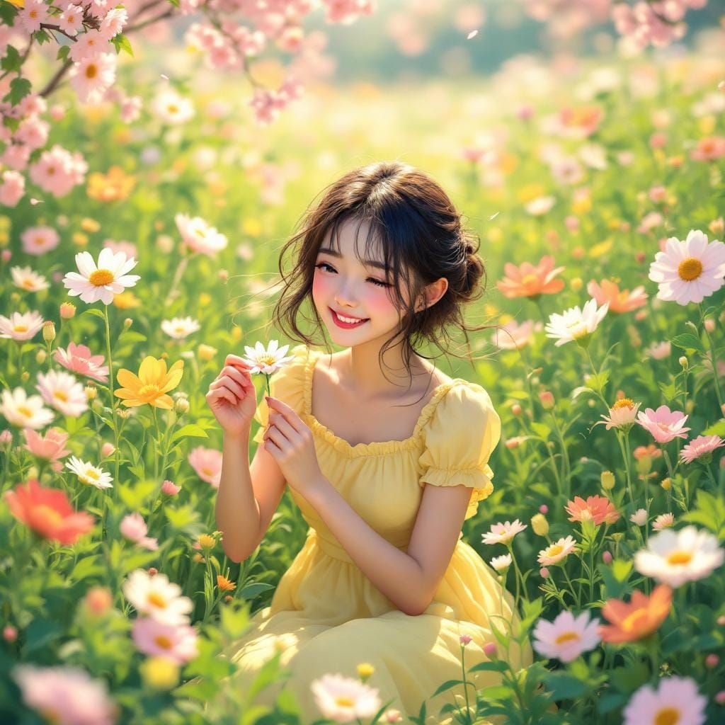 Anime Girl in Meadow with Flowers, Anime Style