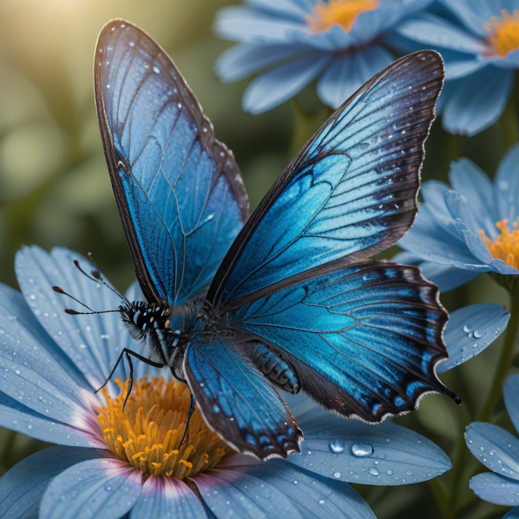 Blue Butterfly Drinks Nectar: Macro Digital Art