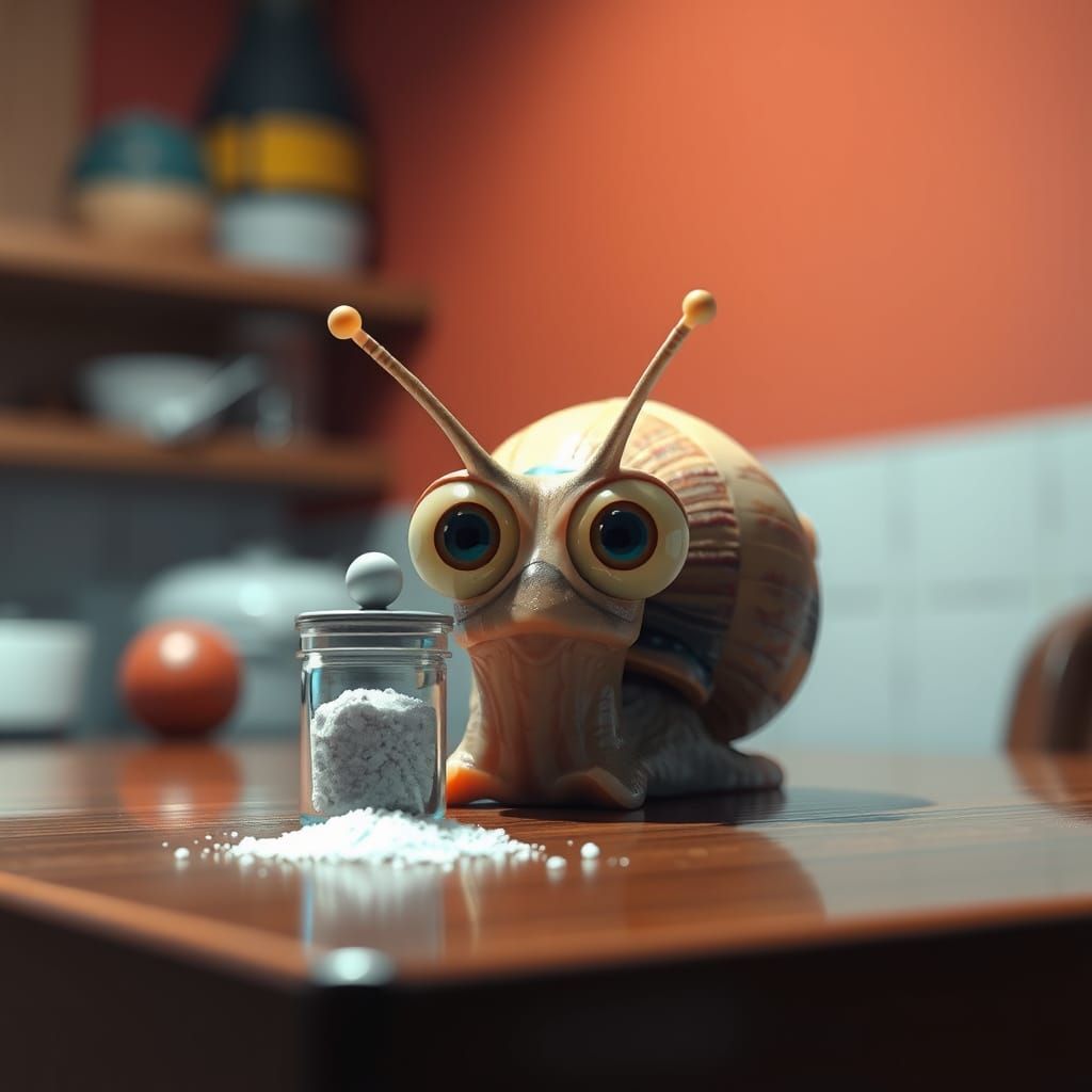 Snail Inspects Salt Shaker: Detailed 3D Anime Art