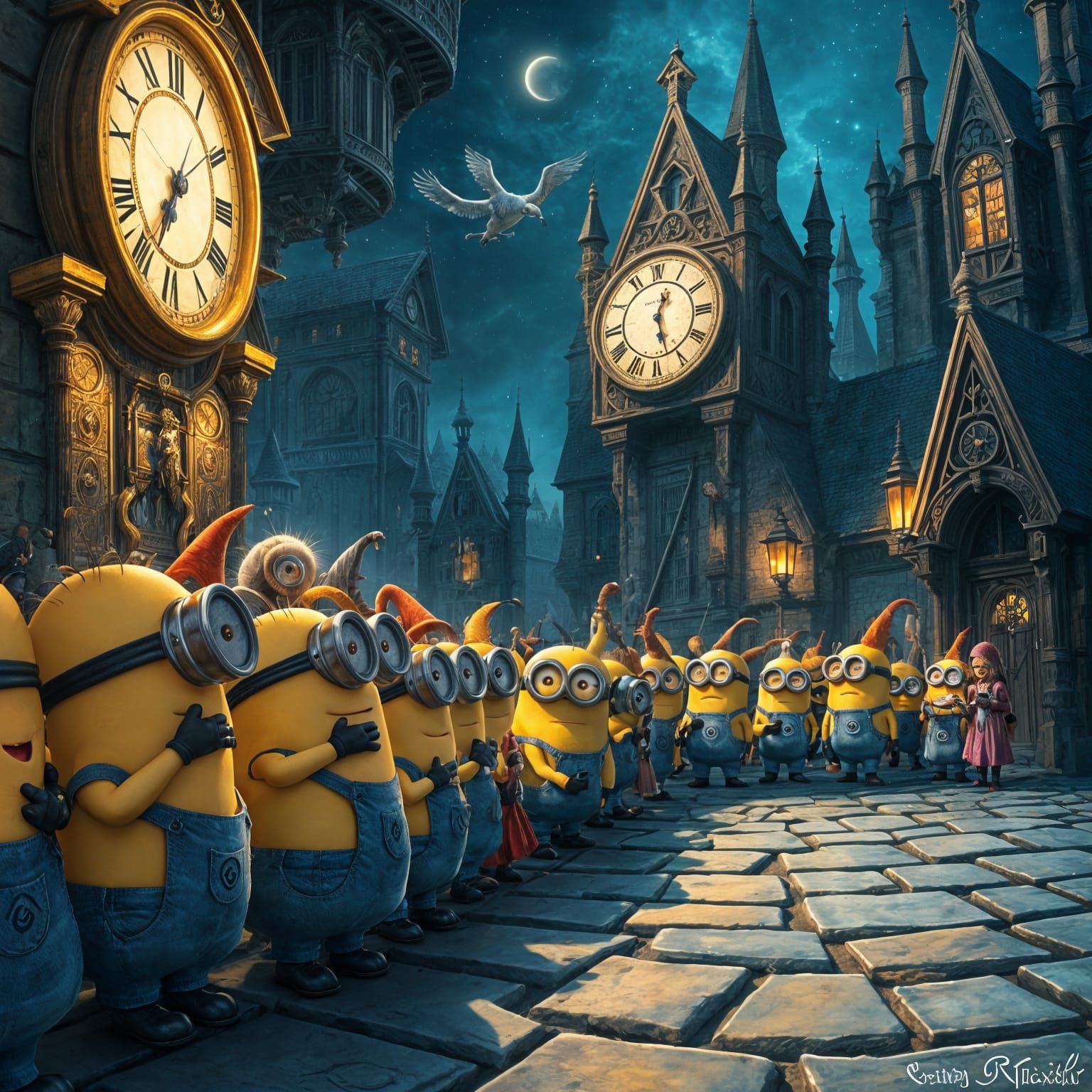 Midnight Minion Gathering in Whimsical Fantasy Landscapes