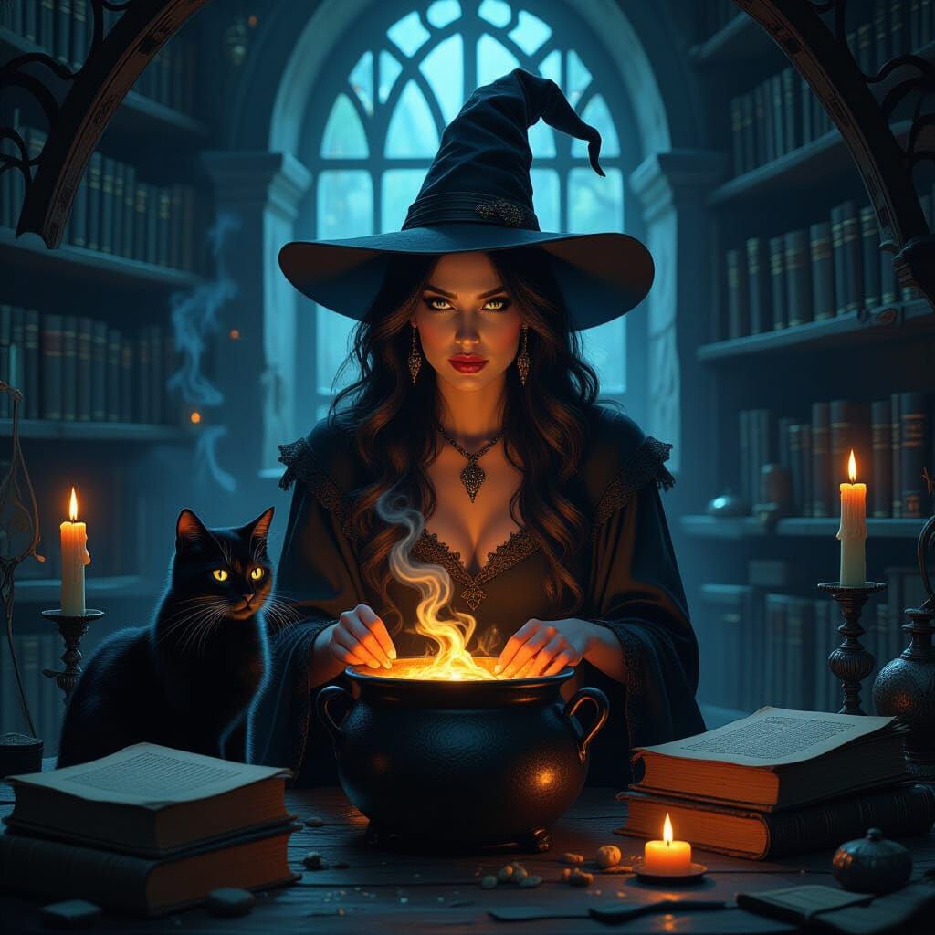 Art Nouveau Witch and Cat in Dimly Lit Chamber