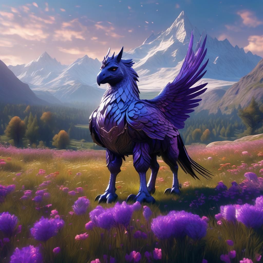 A majestic hippogriff standing proudly in a blooming meadow, with a majestic mountain range in the background.