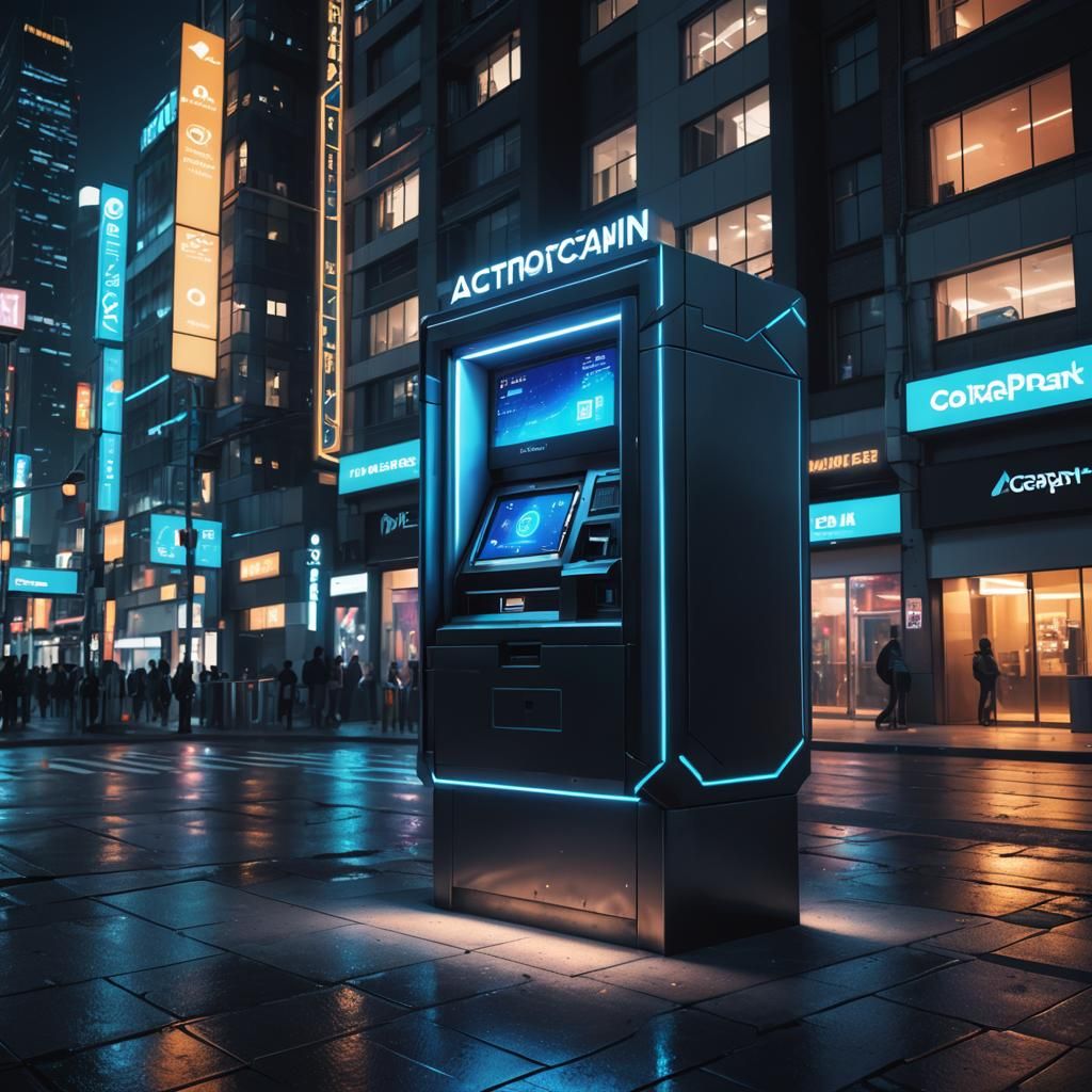 Futuristic Crypto ATM in Cyberpunk Cityscape