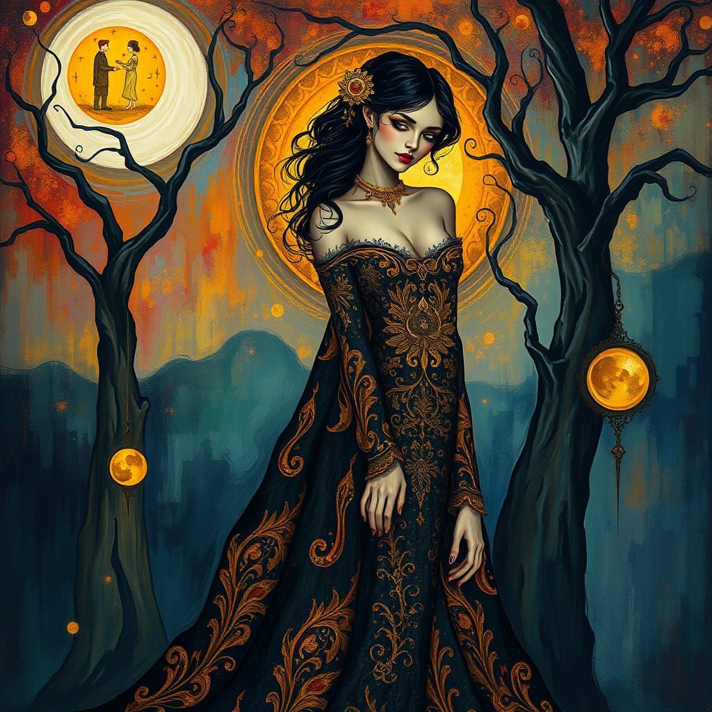 Enigmatic Lady in Golden Twilight, Blending Klimt's Opulence...