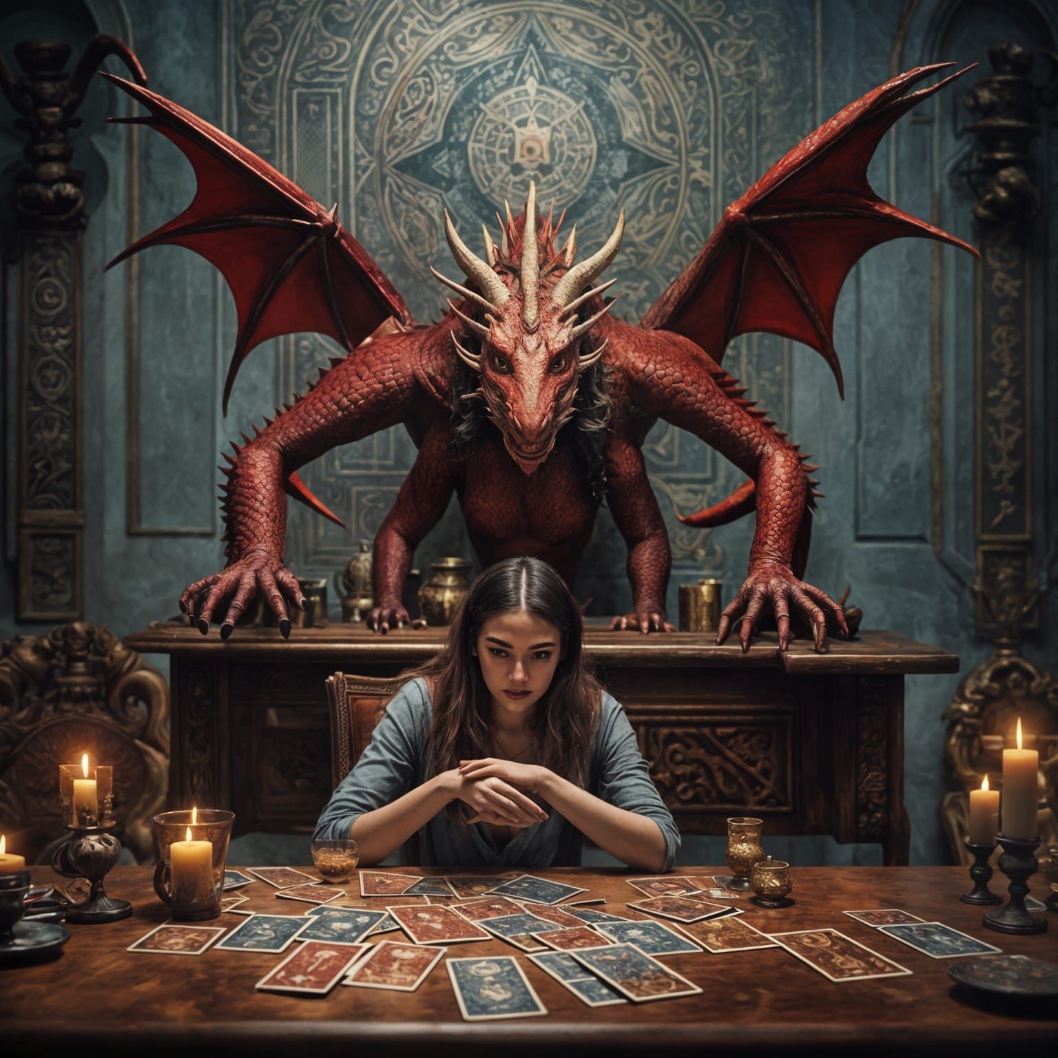 Woman Consults Tarot with Dragon Guardian