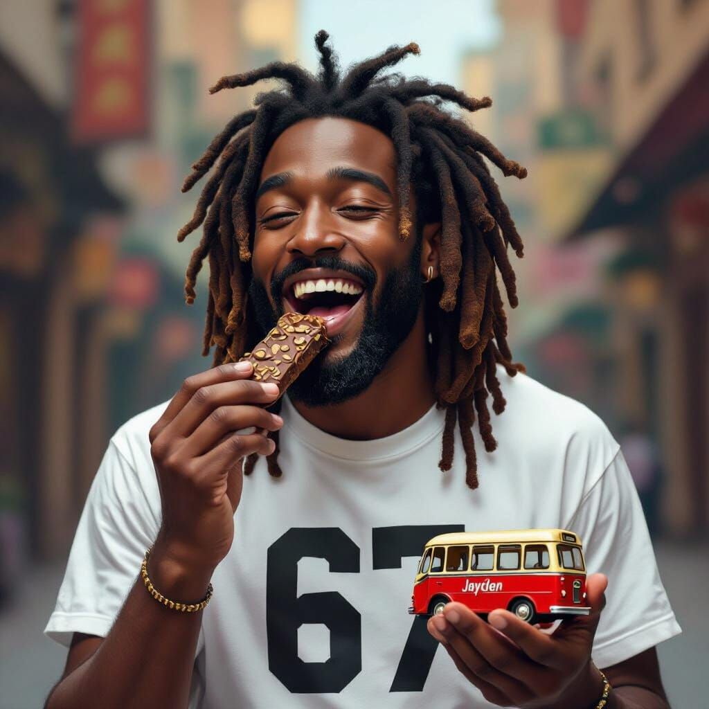 Dreadlocked Man Enjoys Dubai Chocolate and Toy Bus