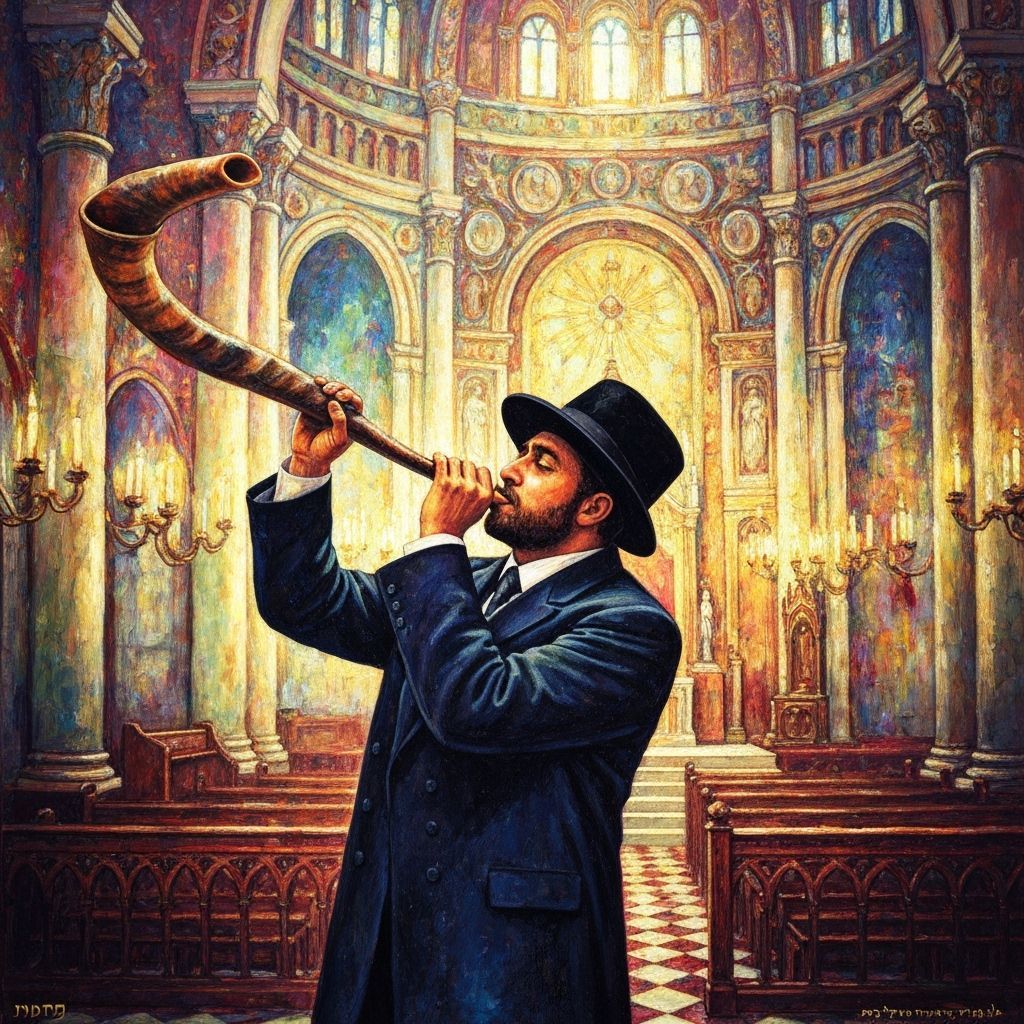 Hasidic Man Blowing Shofar: An Ornate Synagogue Scene