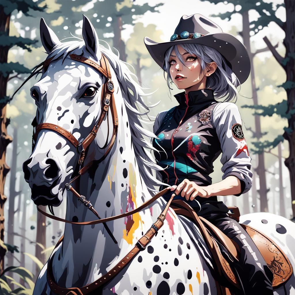 Anime Cowgirl Rides Spotted Horse in Western Graffiti Art