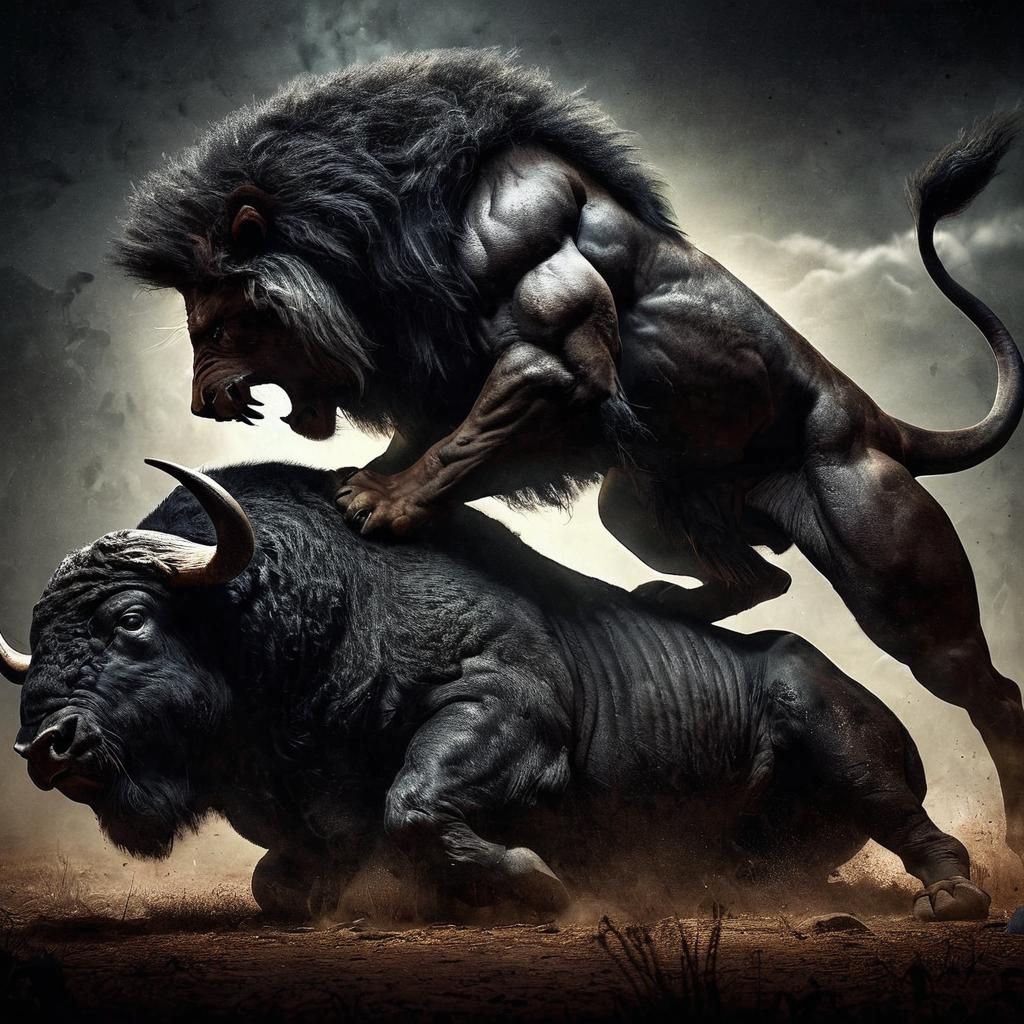 Savage Black Lion Hunts Massive Bison in Fiery Dark Landscap...