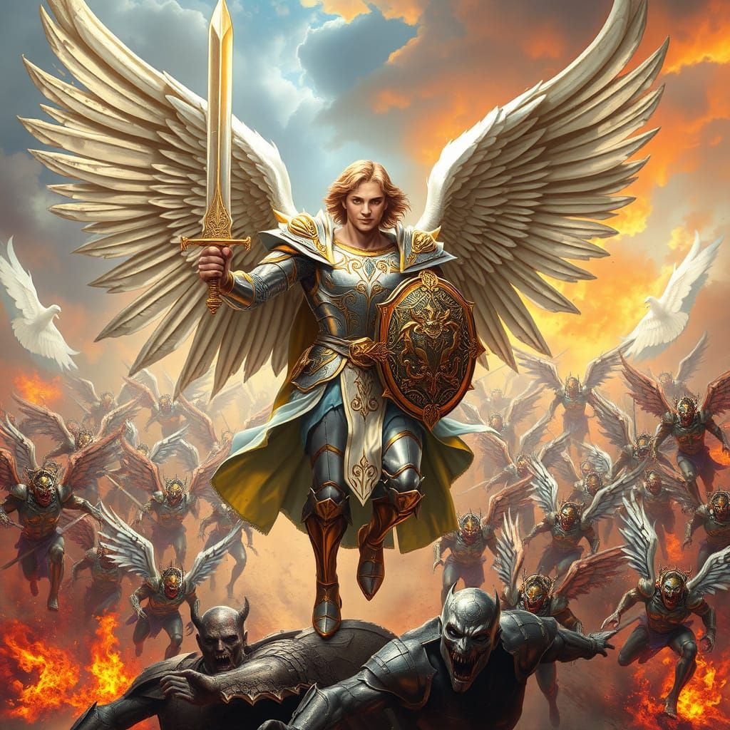 Majestic Archangel Leads Heavenly Host into Battle