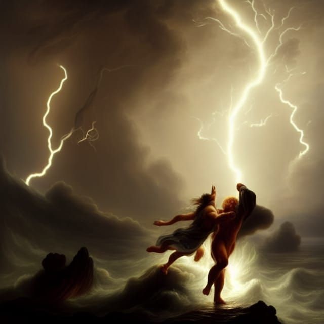 Person vs Lightning Storm in Romanticism Style