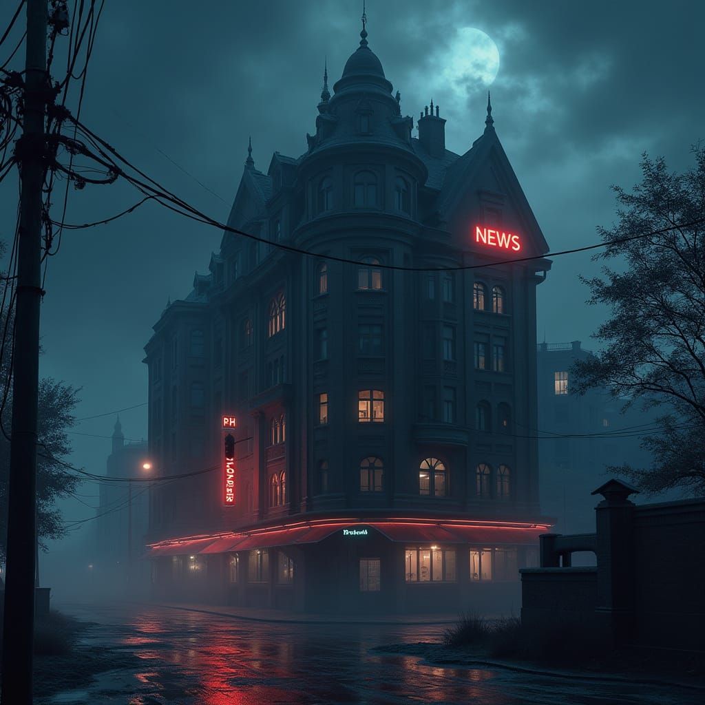 Ominous News Agency Building in a Stormy Night Sky