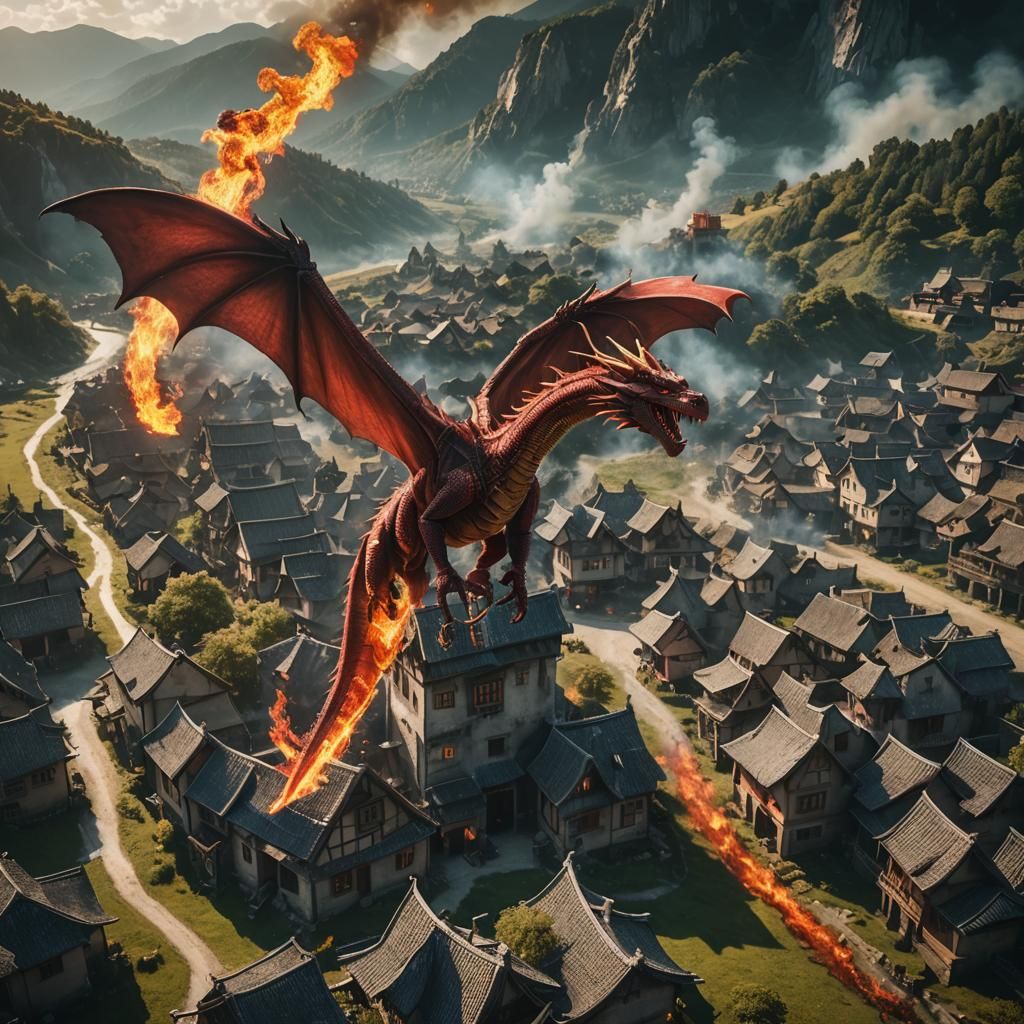 Epic Red Dragon Breathing Fire, 3D Anime Art