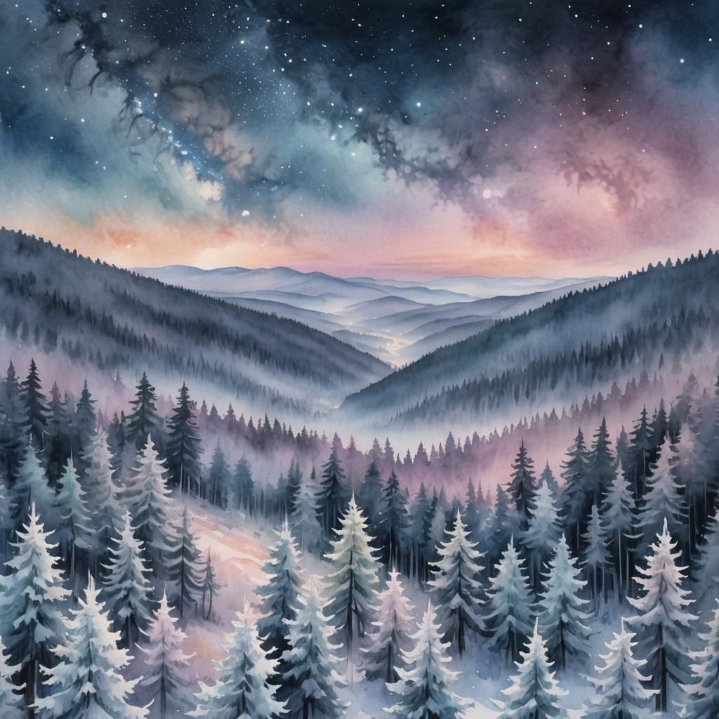 Ethereal Winter Pine Forest Under Milky Way