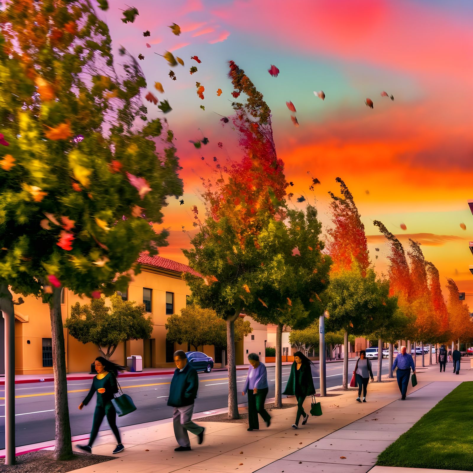 Vibrant Autumn Sunset Scene with Falling Leaves