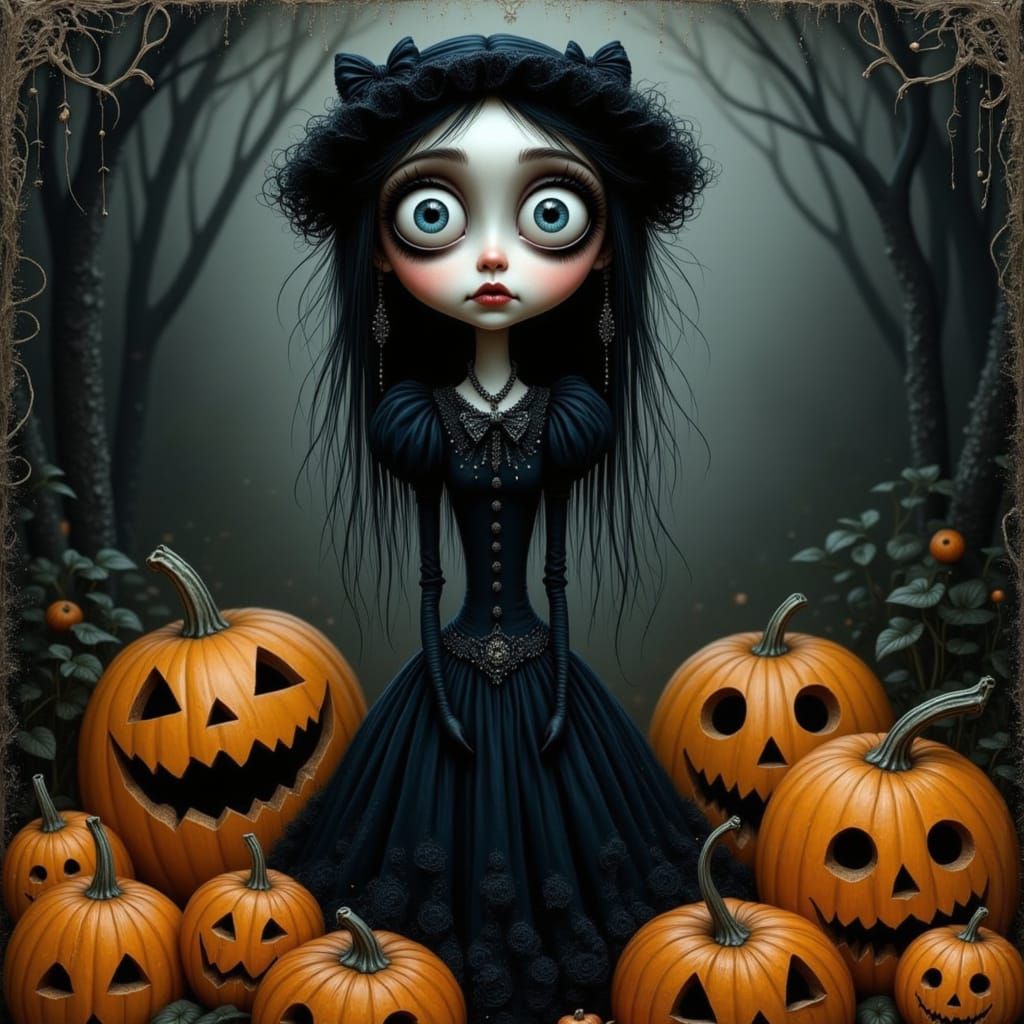 Gothic Girl in Tim Burton Style on Halloween