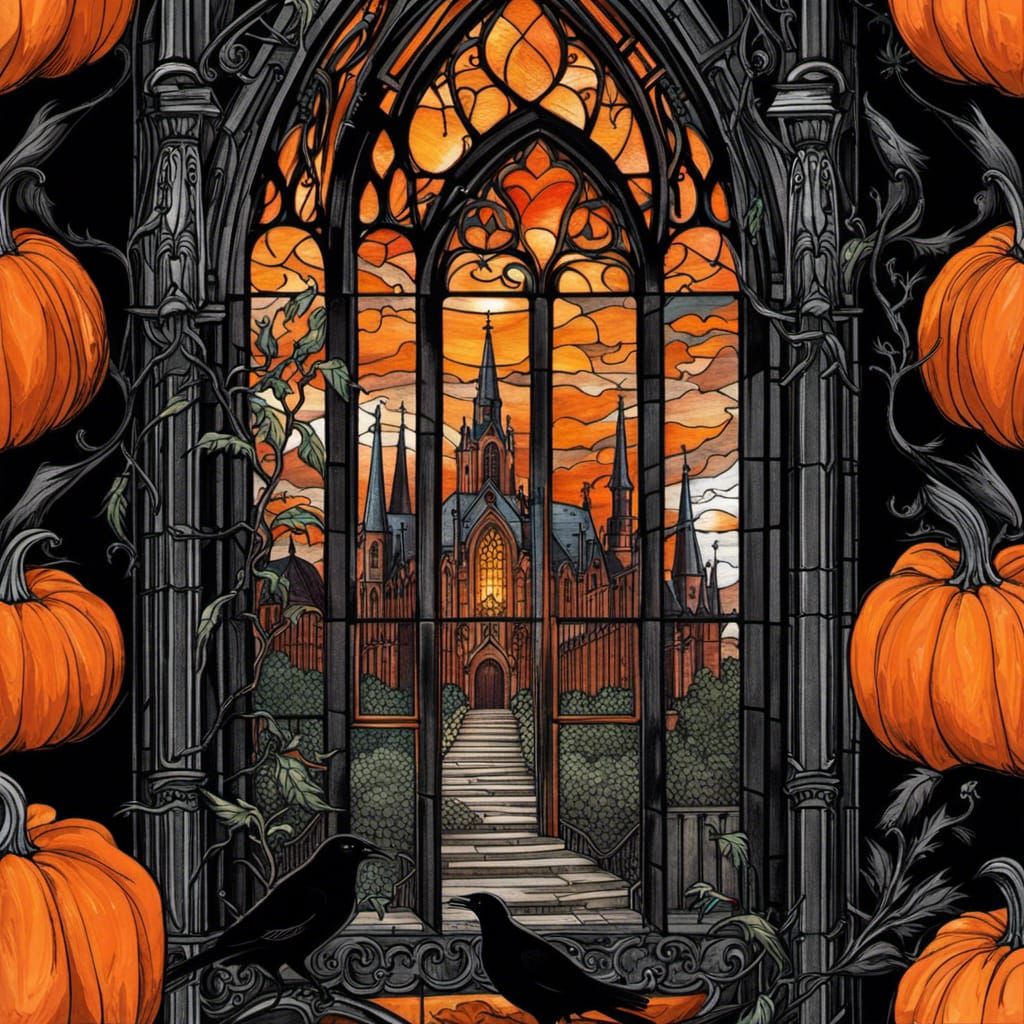 Spooky Gothic Church Sketch with Pumpkins