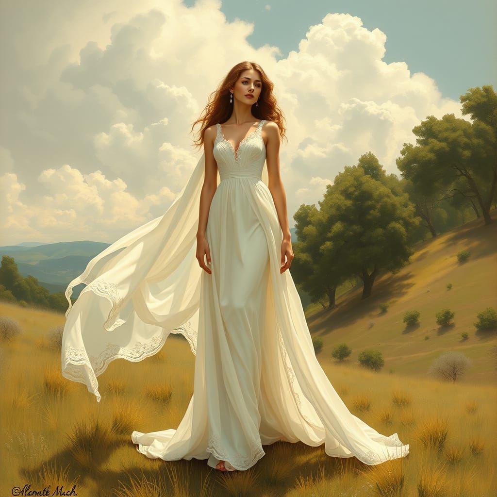 Elegant Woman in Serene Landscape, Art Nouveau Style