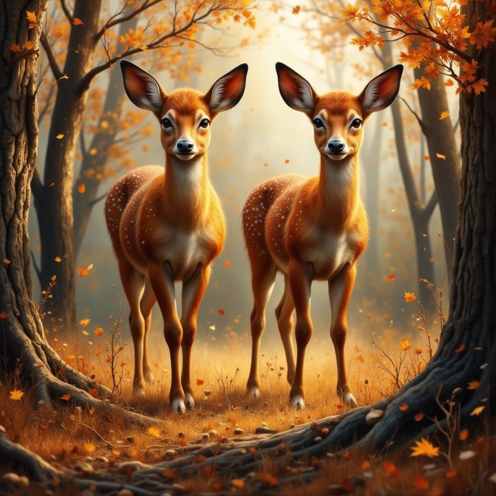 Two Red Fawns in Autumn Forest, Brushed Oils Style