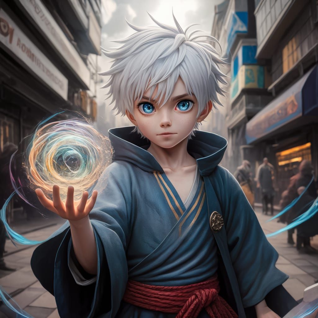 Anime Mage with Swirling Energy in Cityscape