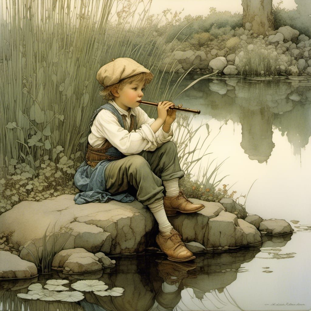 Boy Plays Flute by Pond, Fantasy Illustration