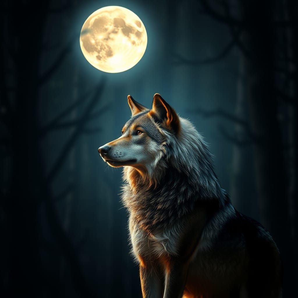 Majestic Wolf in Eerie Forest Bathed in Moonlight