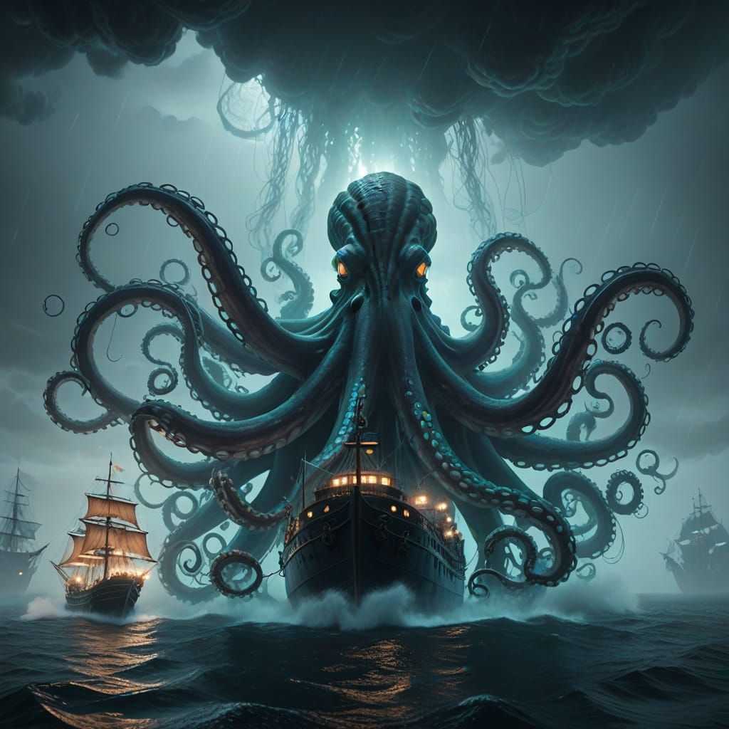 Giant Octopus Attacks Ship in Misty Seas