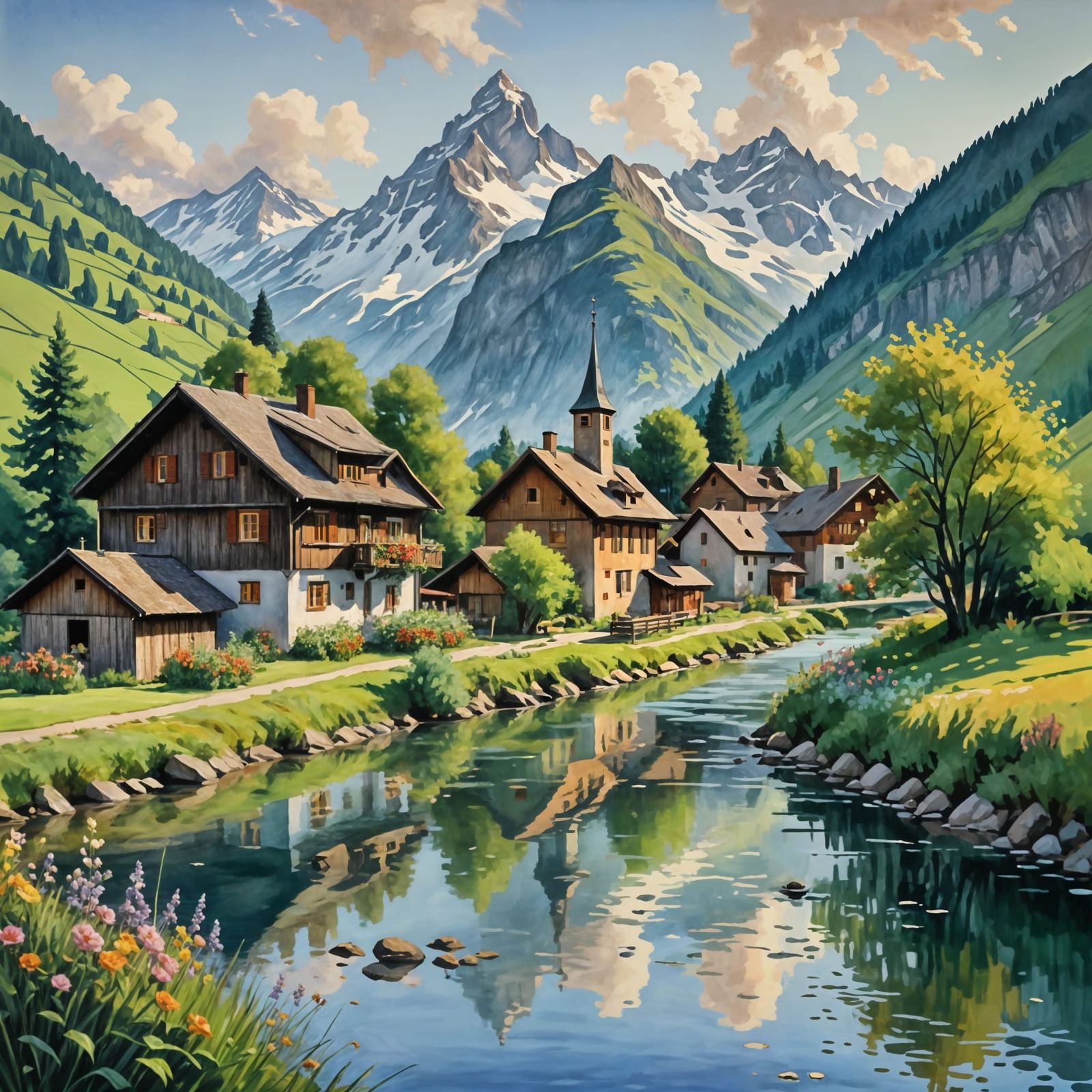 Idyllic Swiss Village in Alps Sunrise