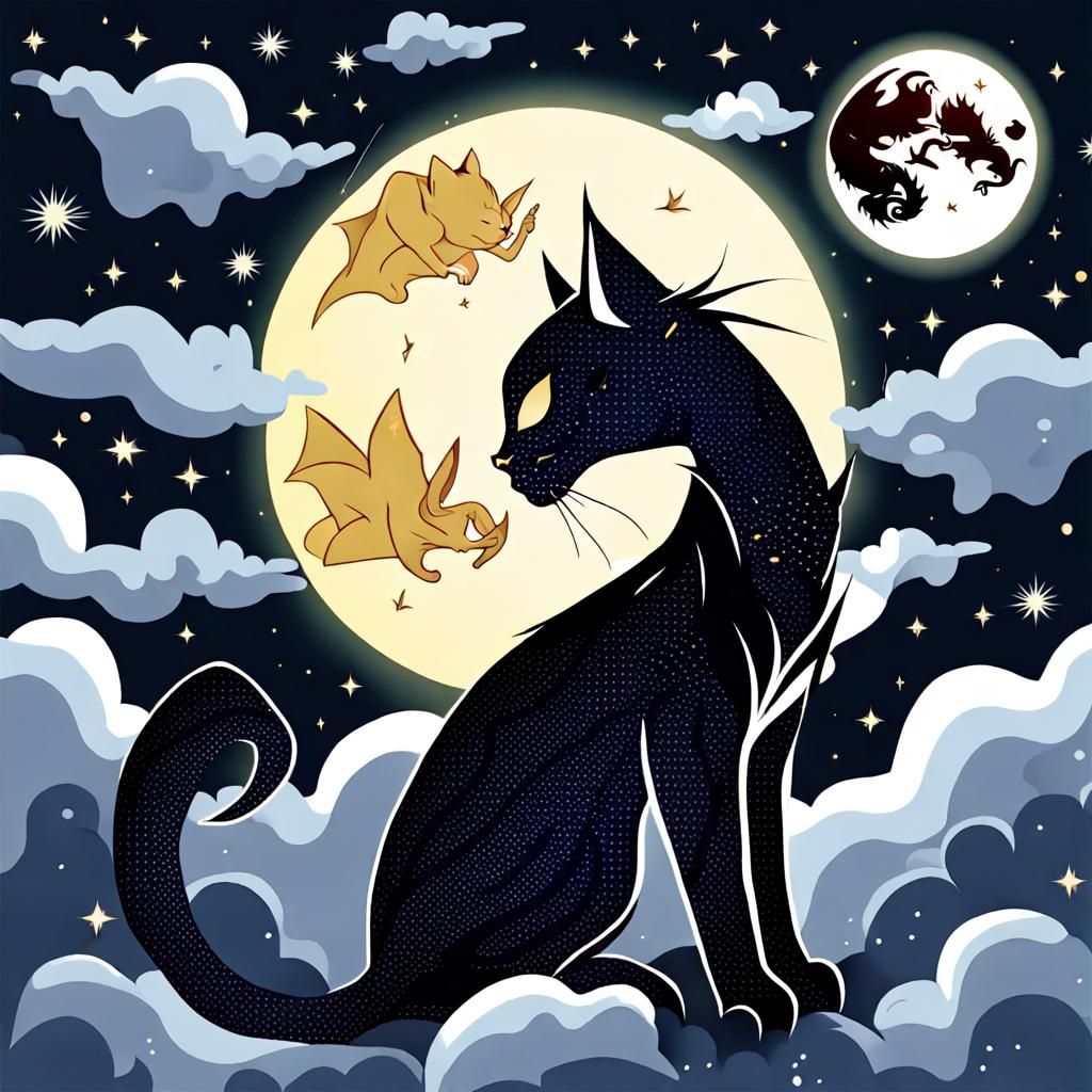 Cat vs. Dragon Under Starry Moon