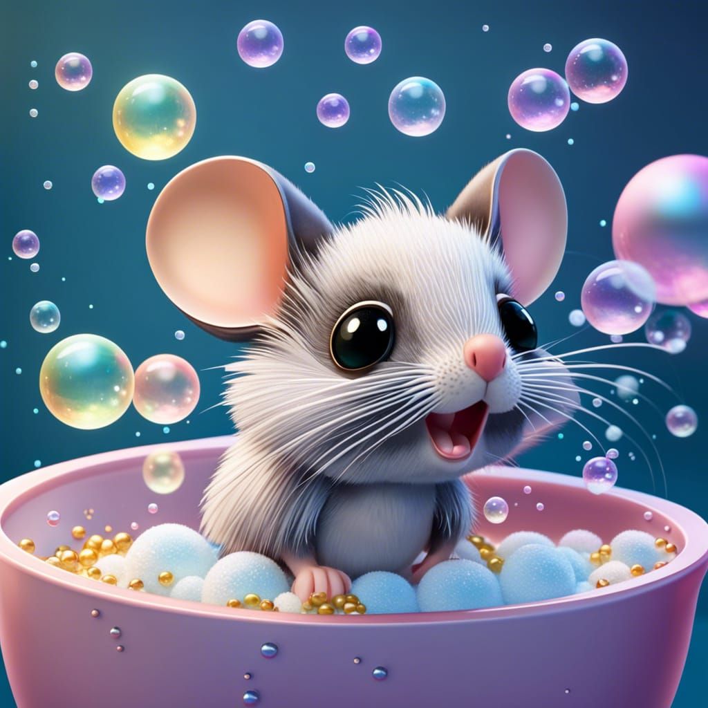Cute Mouse with Foam Moustache in Bathtub