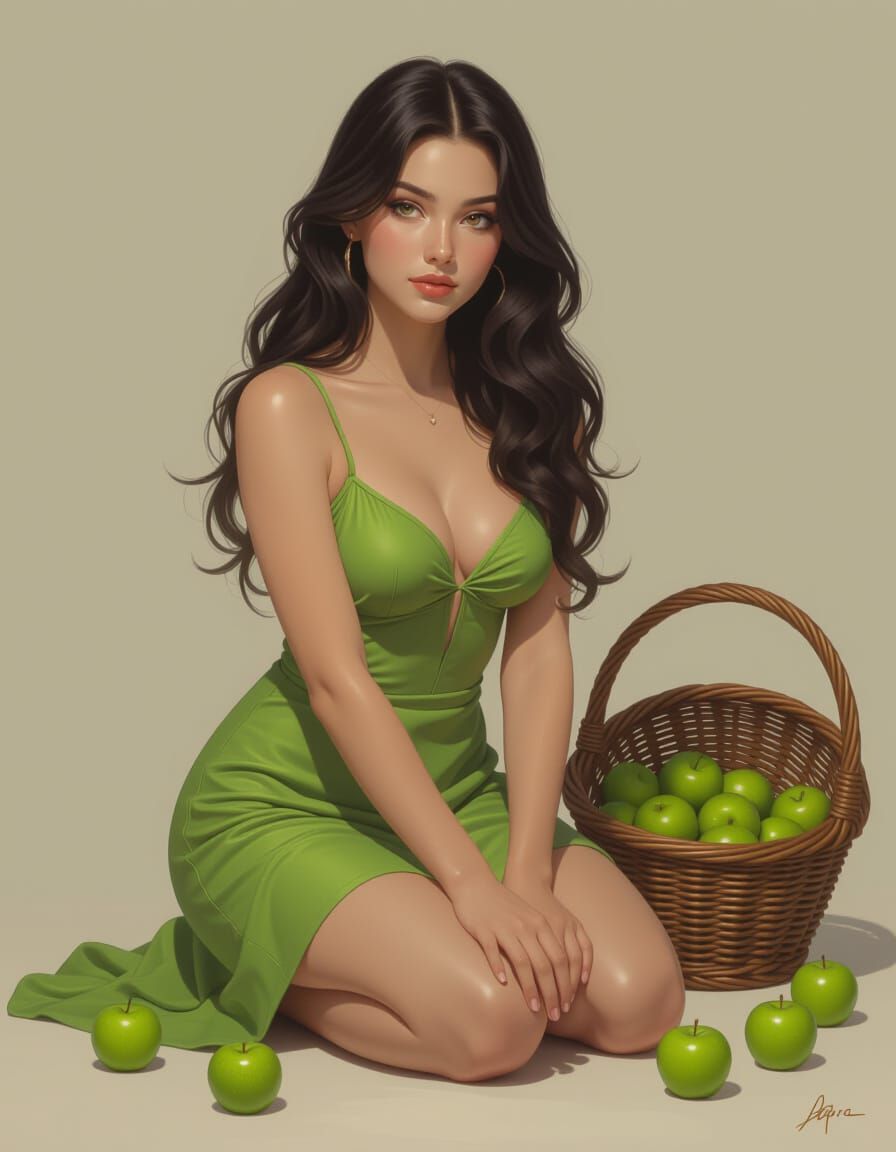 Young Woman in Green Dress Kneeling with Apples