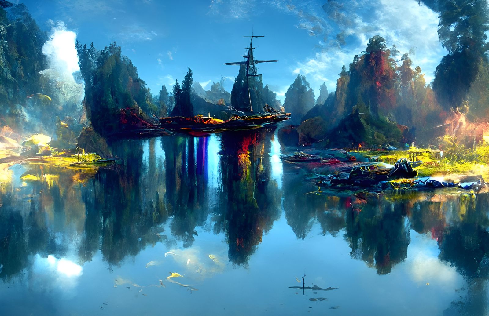 Ship Sails Dark Seas in Romantic Style