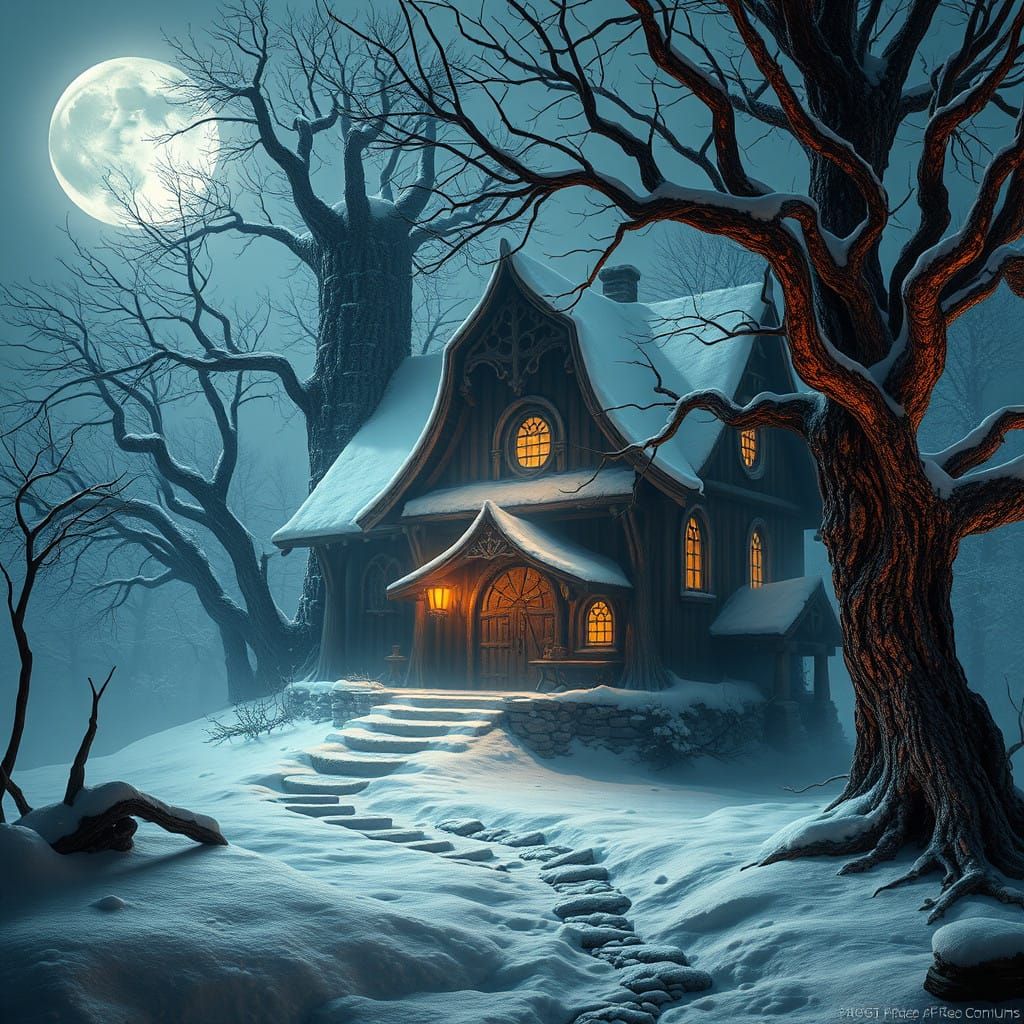 Ethereal Cottage Under Frosty Moonlight