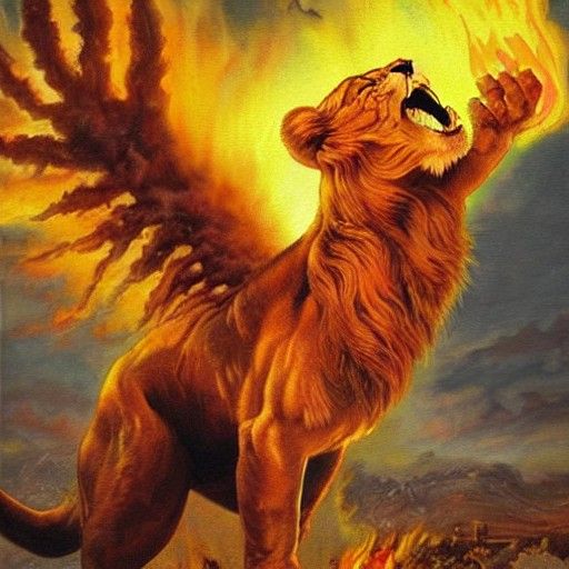 Lion Human Hybrid Burns Village: An Oil Painting