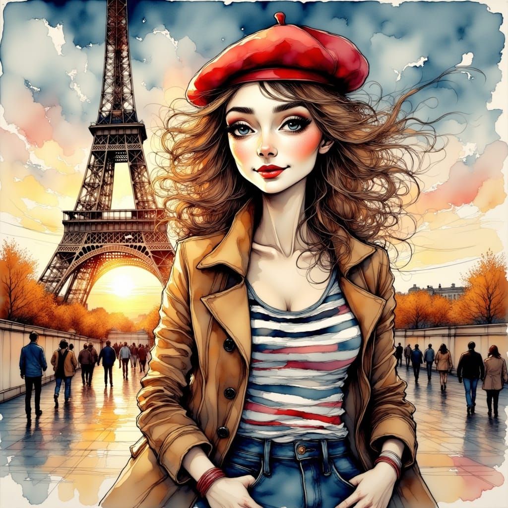 Elegant Parisian Woman Basks in Sunset Glow