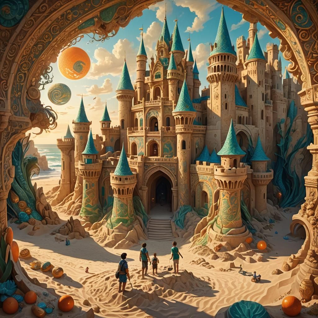 Kids Explore Ancient Mosaic Sand Castle at Sunset