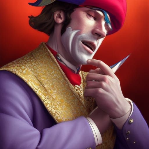 the jester purple and red suit with bells on his hat and poi...