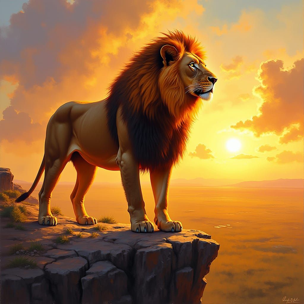 Lion with Fiery Mane in Vibrant Oil Painting Style