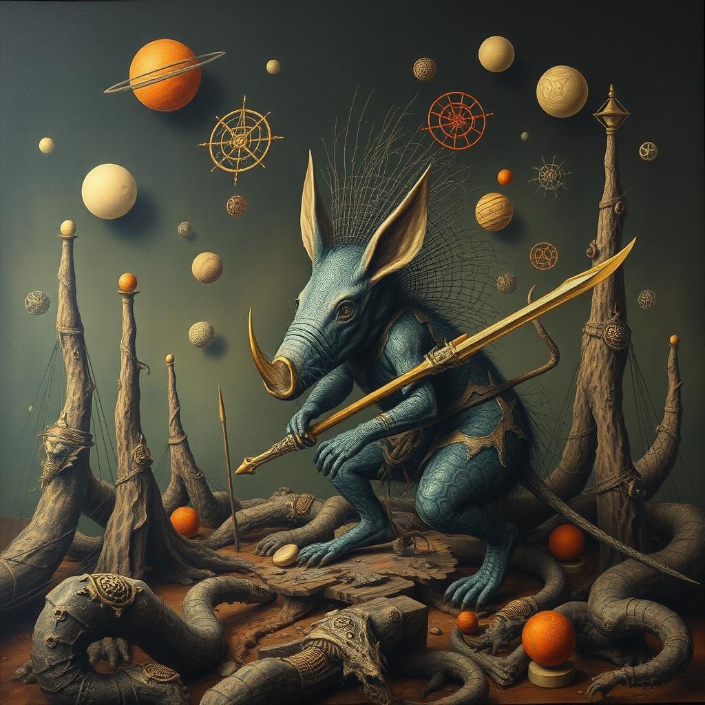 Aardvark Warrior in Surreal Dreamscape, Automatism Style