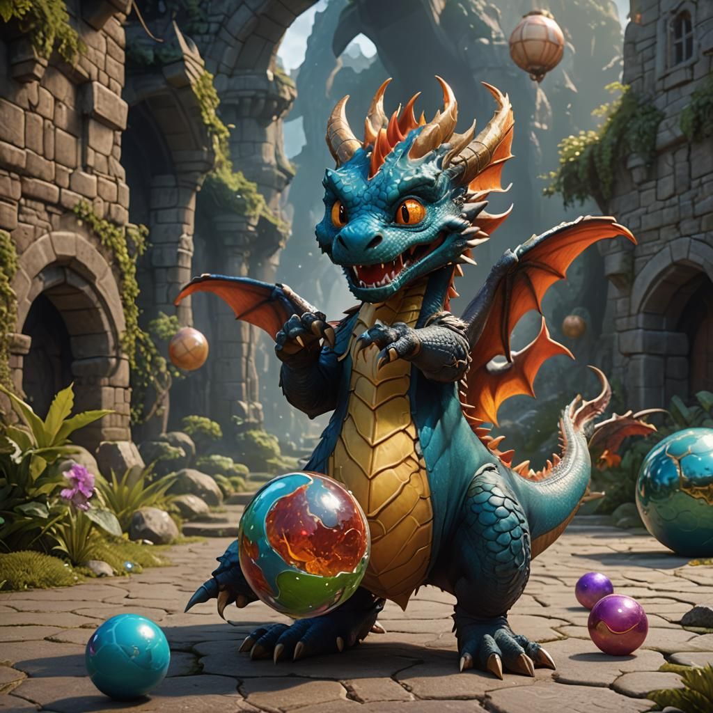 Cute Dragon Playing Ball: Fantasy Concept Art