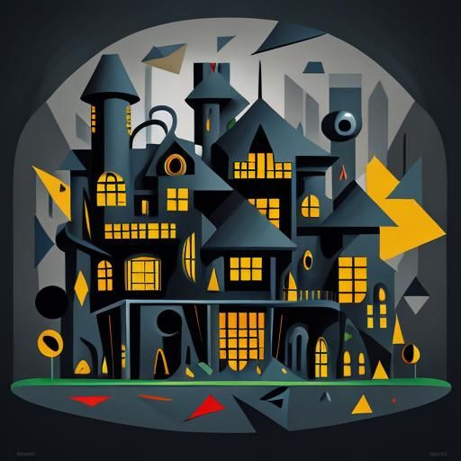 Cubist Haunted House in Geometric Fauvism Style